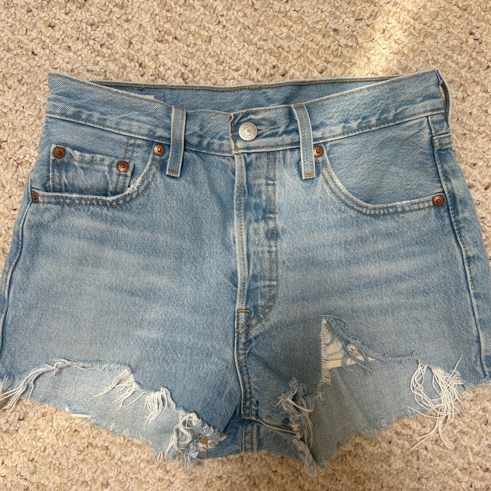 Levis Premium 501 Jean Shorts Womens 25 Blue Light Wash Button Fly Distressed
